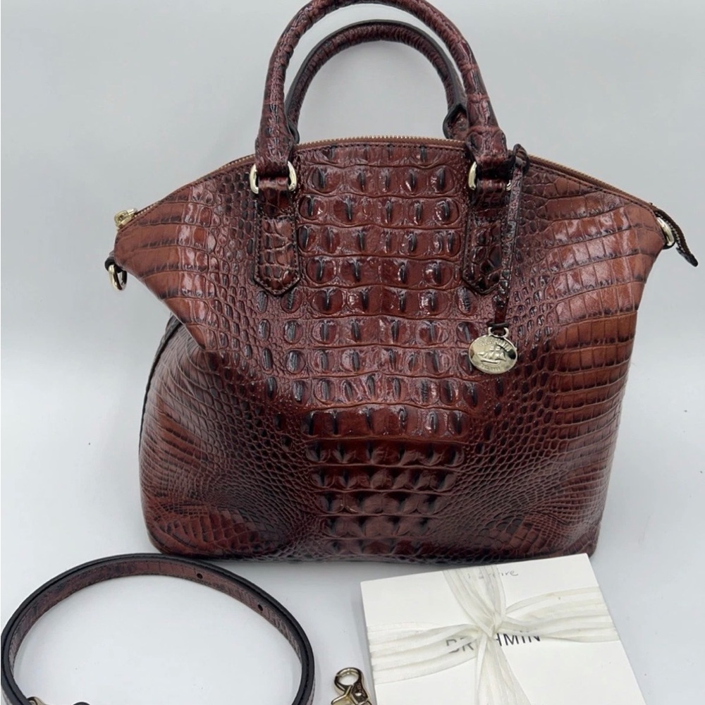 Brahmin Large Duxbury Satchel Pecan Melbourne Croc Embossed Leather With Strap